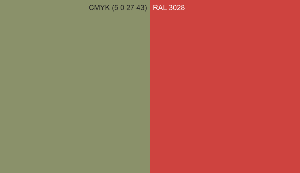 CMYK Color CMYK (5 0 27 43) vs RAL 3028 side by side comparison CMYK Color CMYK (5 0 27 43) vs RAL 3028 side by side comparison