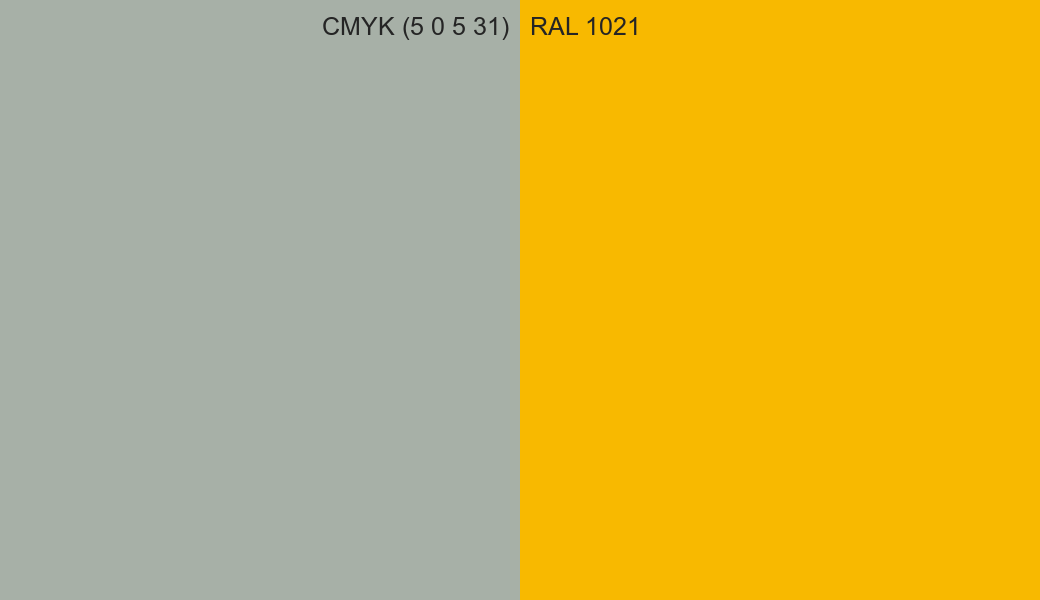 CMYK Color CMYK (5 0 5 31) vs RAL 1021 side by side comparison CMYK Color CMYK (5 0 5 31) vs RAL 1021 side by side comparison