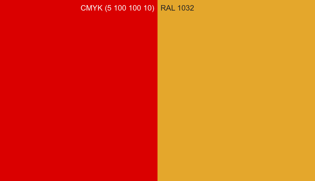 CMYK Color CMYK (5 100 100 10) vs RAL 1032 side by side comparison CMYK Color CMYK (5 100 100 10) vs RAL 1032 side by side comparison