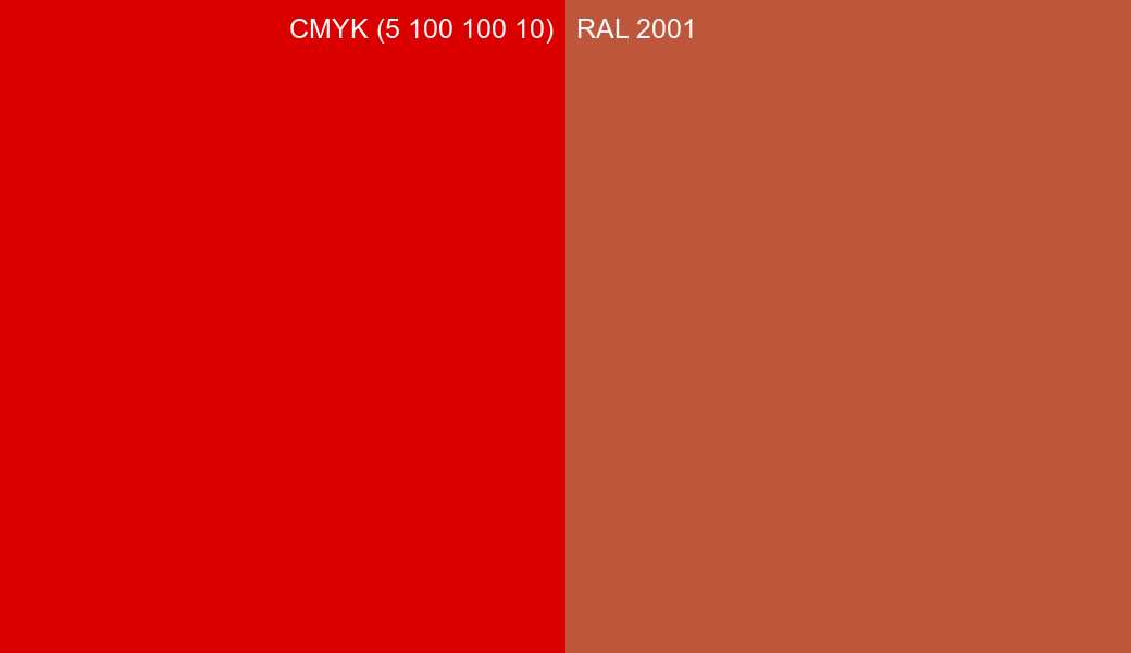CMYK Color CMYK (5 100 100 10) vs RAL 2001 side by side comparison CMYK Color CMYK (5 100 100 10) vs RAL 2001 side by side comparison
