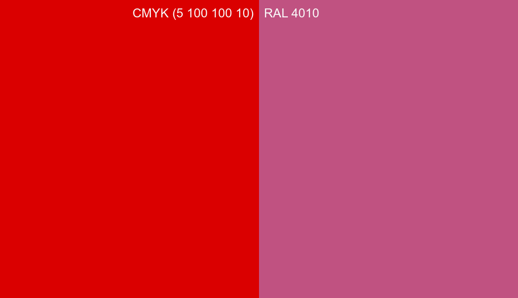 CMYK Color CMYK (5 100 100 10) vs RAL 4010 side by side comparison CMYK Color CMYK (5 100 100 10) vs RAL 4010 side by side comparison