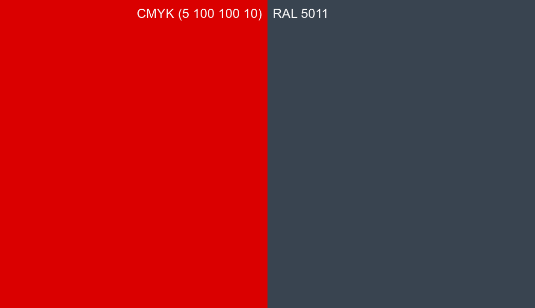 CMYK Color CMYK (5 100 100 10) vs RAL 5011 side by side comparison CMYK Color CMYK (5 100 100 10) vs RAL 5011 side by side comparison