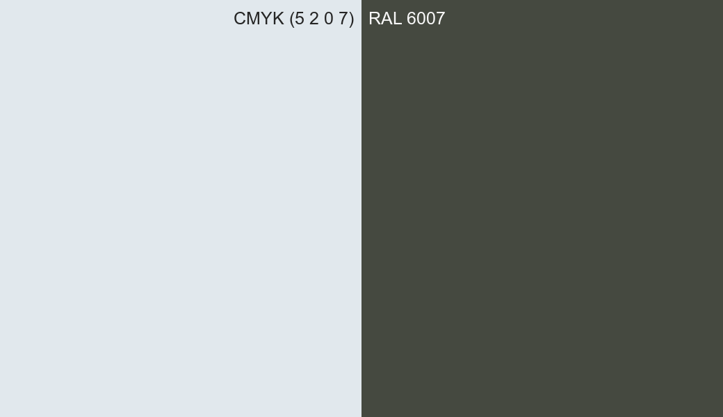 CMYK Color CMYK (5 2 0 7) vs RAL 6007 side by side comparison CMYK Color CMYK (5 2 0 7) vs RAL 6007 side by side comparison