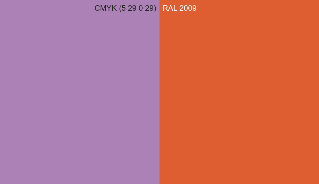 CMYK Color CMYK (5 29 0 29) vs RAL 2009 side by side comparison CMYK Color CMYK (5 29 0 29) vs RAL 2009 side by side comparison