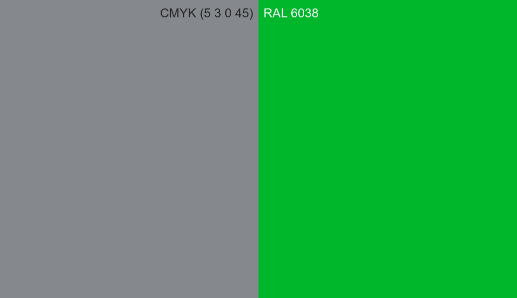 CMYK Color CMYK (5 3 0 45) vs RAL 6038 side by side comparison CMYK Color CMYK (5 3 0 45) vs RAL 6038 side by side comparison