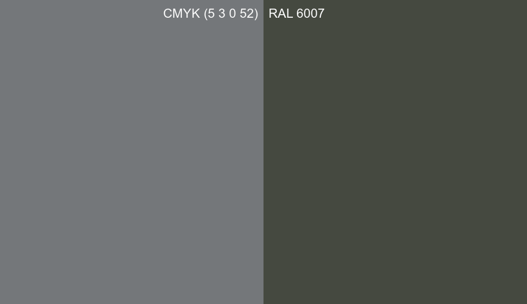 CMYK Color CMYK (5 3 0 52) vs RAL 6007 side by side comparison CMYK Color CMYK (5 3 0 52) vs RAL 6007 side by side comparison