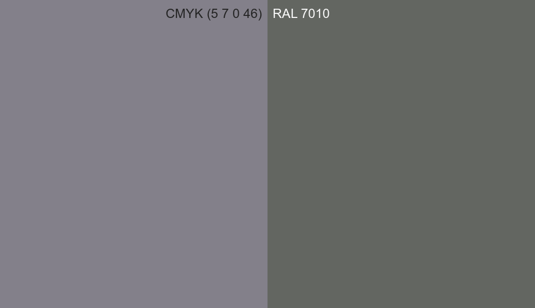 CMYK Color CMYK (5 7 0 46) vs RAL 7010 side by side comparison CMYK Color CMYK (5 7 0 46) vs RAL 7010 side by side comparison