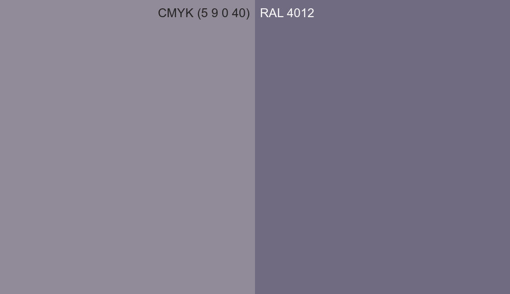 CMYK Color CMYK (5 9 0 40) vs RAL 4012 side by side comparison CMYK Color CMYK (5 9 0 40) vs RAL 4012 side by side comparison