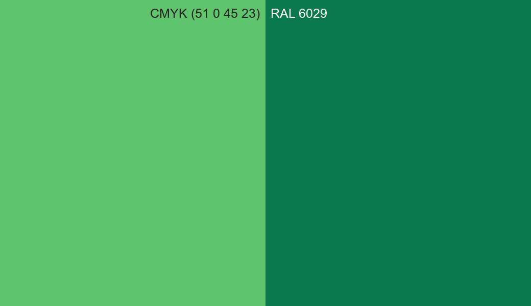 CMYK Color CMYK (51 0 45 23) vs RAL 6029 side by side comparison CMYK Color CMYK (51 0 45 23) vs RAL 6029 side by side comparison