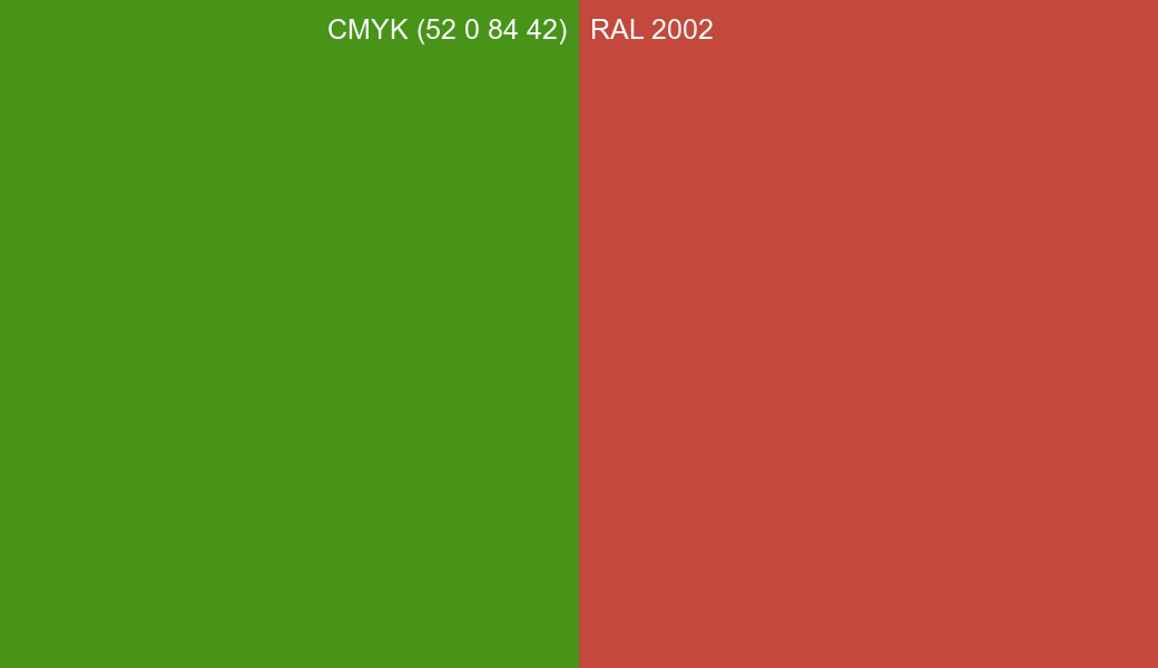 CMYK Color CMYK (52 0 84 42) vs RAL 2002 side by side comparison CMYK Color CMYK (52 0 84 42) vs RAL 2002 side by side comparison