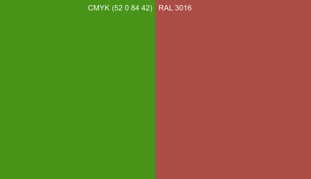 CMYK Color CMYK (52 0 84 42) vs RAL 3016 side by side comparison CMYK Color CMYK (52 0 84 42) vs RAL 3016 side by side comparison