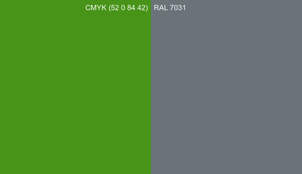 CMYK Color CMYK (52 0 84 42) vs RAL 7031 side by side comparison CMYK Color CMYK (52 0 84 42) vs RAL 7031 side by side comparison