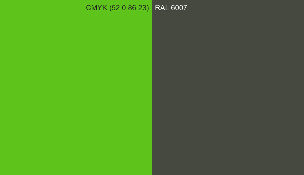 CMYK Color CMYK (52 0 86 23) vs RAL 6007 side by side comparison CMYK Color CMYK (52 0 86 23) vs RAL 6007 side by side comparison