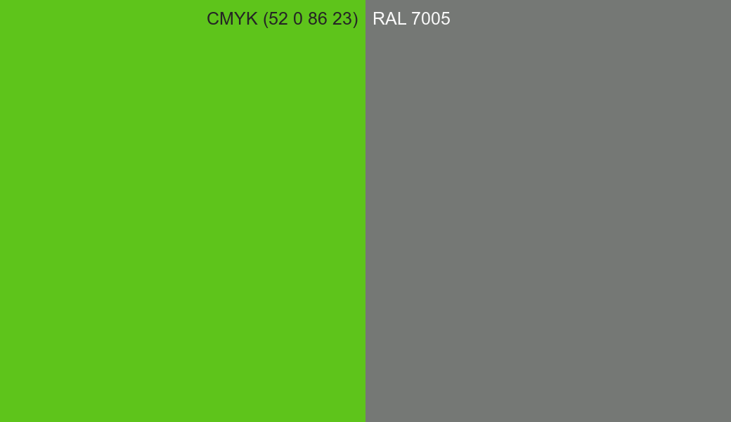 CMYK Color CMYK (52 0 86 23) vs RAL 7005 side by side comparison CMYK Color CMYK (52 0 86 23) vs RAL 7005 side by side comparison