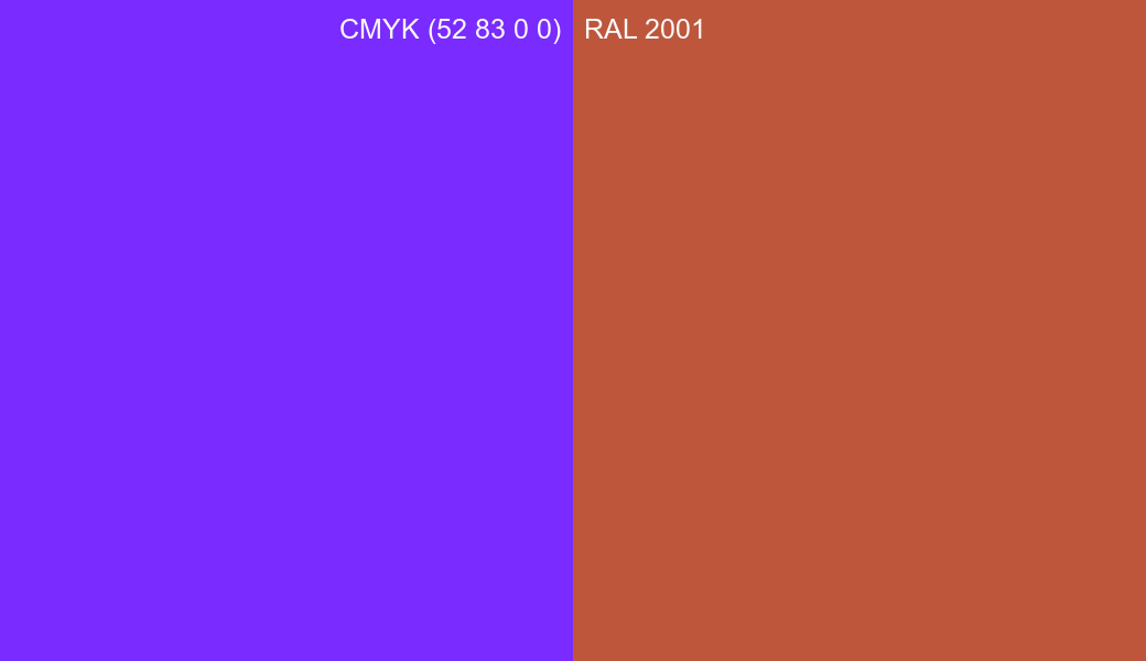 CMYK Color CMYK (52 83 0 0) vs RAL 2001 side by side comparison CMYK Color CMYK (52 83 0 0) vs RAL 2001 side by side comparison