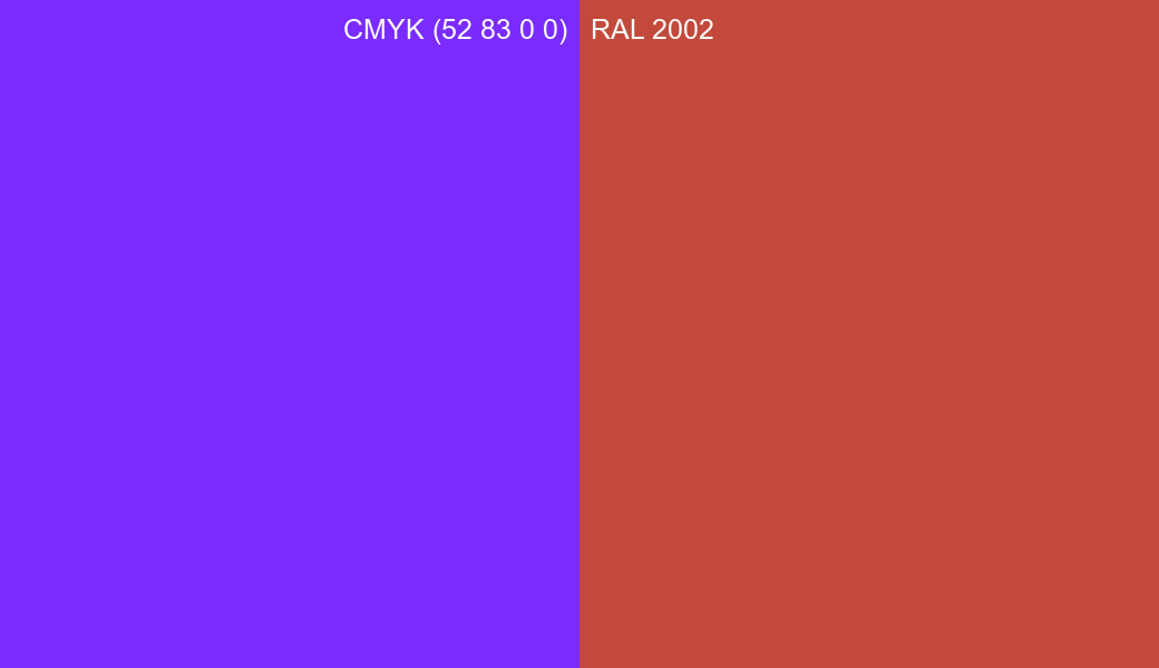 CMYK Color CMYK (52 83 0 0) vs RAL 2002 side by side comparison CMYK Color CMYK (52 83 0 0) vs RAL 2002 side by side comparison