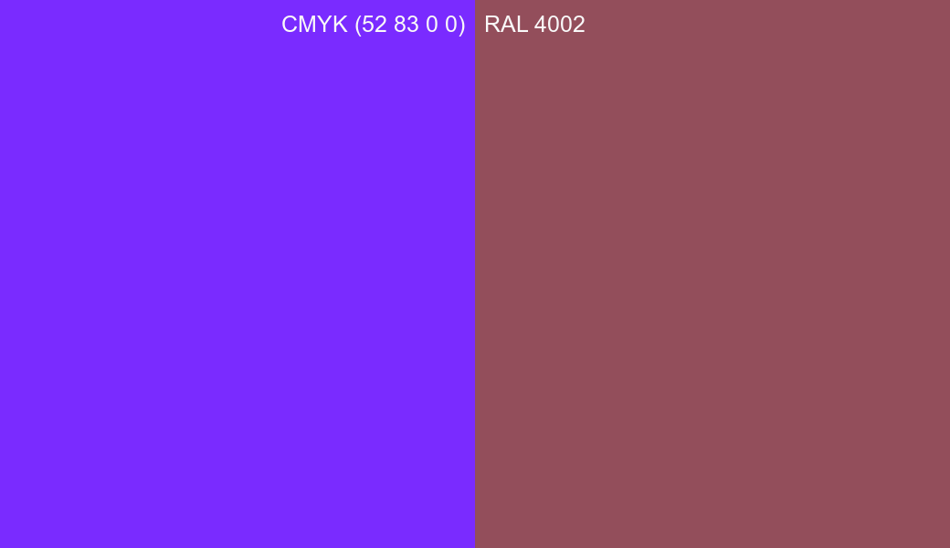 CMYK Color CMYK (52 83 0 0) vs RAL 4002 side by side comparison CMYK Color CMYK (52 83 0 0) vs RAL 4002 side by side comparison