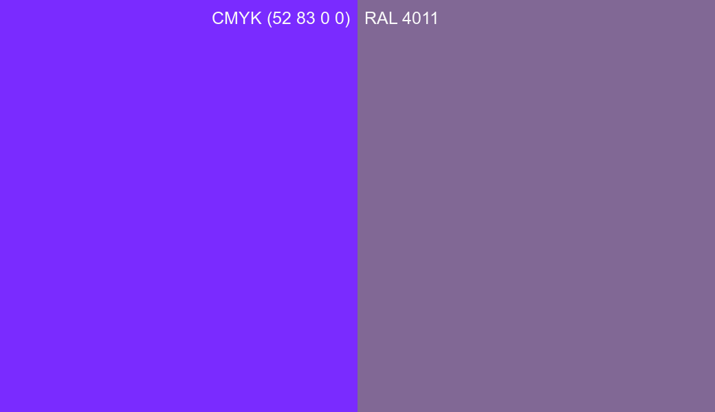 CMYK Color CMYK (52 83 0 0) vs RAL 4011 side by side comparison CMYK Color CMYK (52 83 0 0) vs RAL 4011 side by side comparison