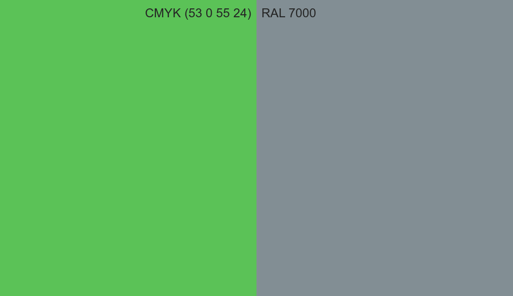 CMYK Color CMYK (53 0 55 24) vs RAL 7000 side by side comparison CMYK Color CMYK (53 0 55 24) vs RAL 7000 side by side comparison
