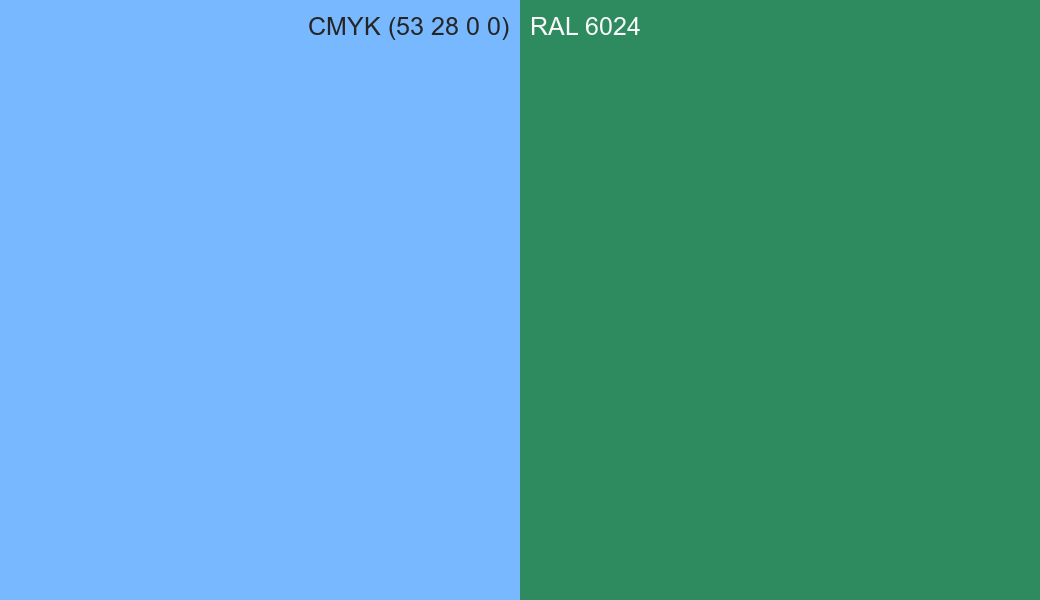 CMYK Color CMYK (53 28 0 0) vs RAL 6024 side by side comparison CMYK Color CMYK (53 28 0 0) vs RAL 6024 side by side comparison