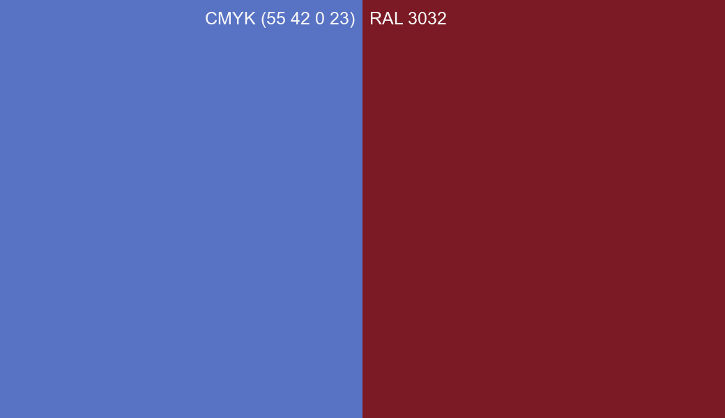 CMYK Color CMYK (55 42 0 23) vs RAL 3032 side by side comparison CMYK Color CMYK (55 42 0 23) vs RAL 3032 side by side comparison