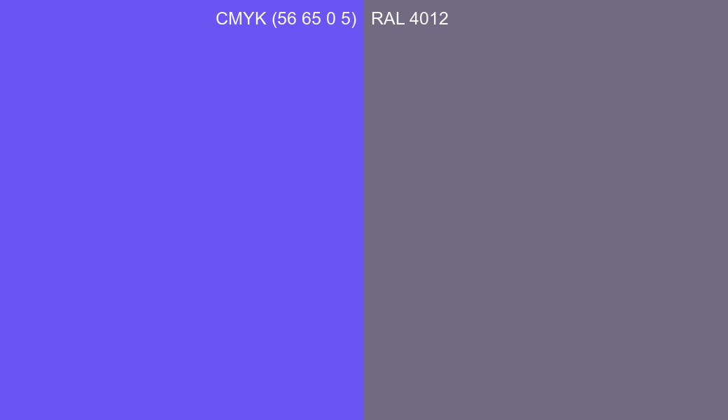 CMYK Color CMYK (56 65 0 5) vs RAL 4012 side by side comparison CMYK Color CMYK (56 65 0 5) vs RAL 4012 side by side comparison
