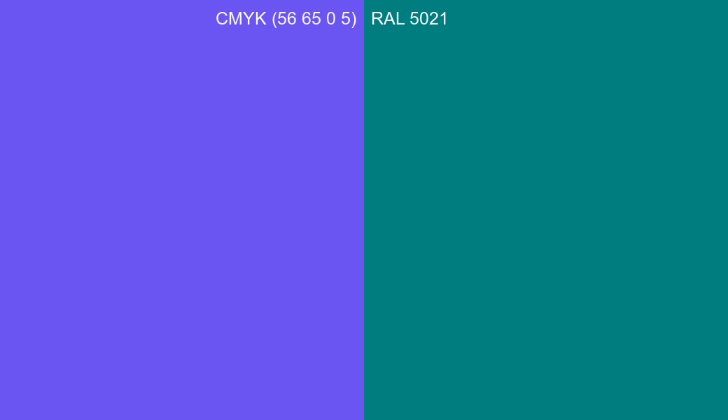 CMYK Color CMYK (56 65 0 5) vs RAL 5021 side by side comparison CMYK Color CMYK (56 65 0 5) vs RAL 5021 side by side comparison
