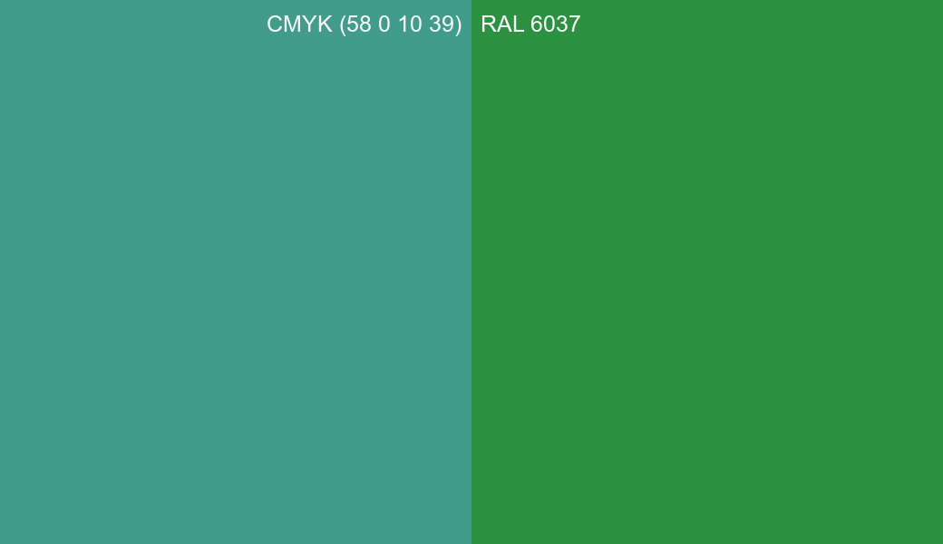 CMYK Color CMYK (58 0 10 39) vs RAL 6037 side by side comparison CMYK Color CMYK (58 0 10 39) vs RAL 6037 side by side comparison