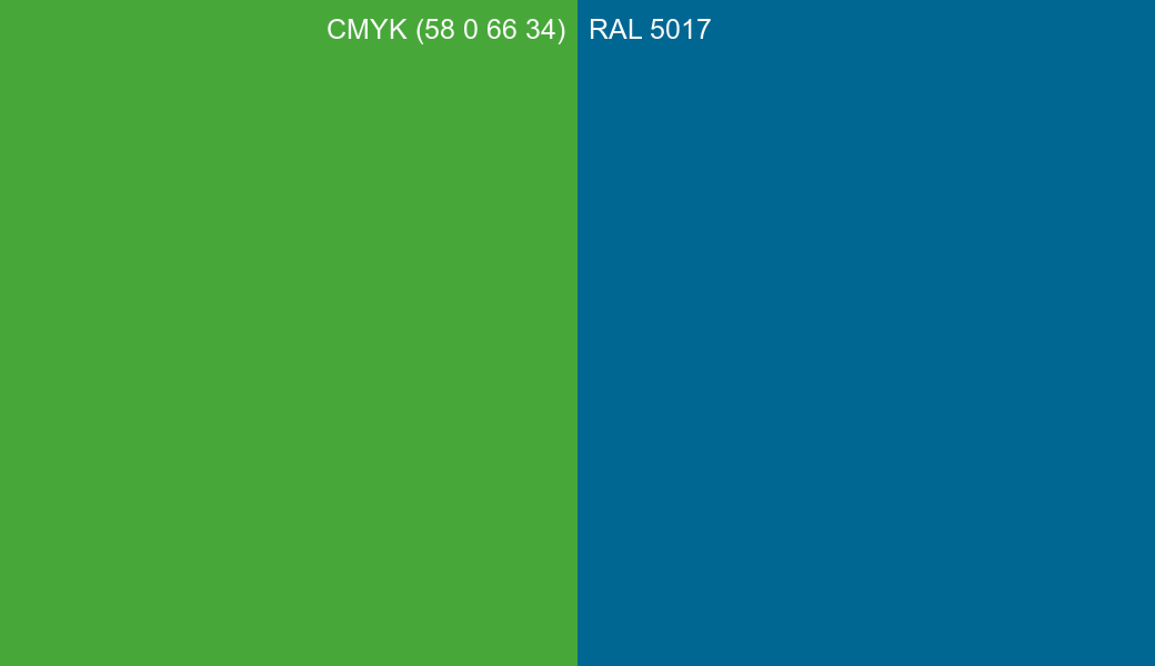 CMYK Color CMYK (58 0 66 34) vs RAL 5017 side by side comparison CMYK Color CMYK (58 0 66 34) vs RAL 5017 side by side comparison