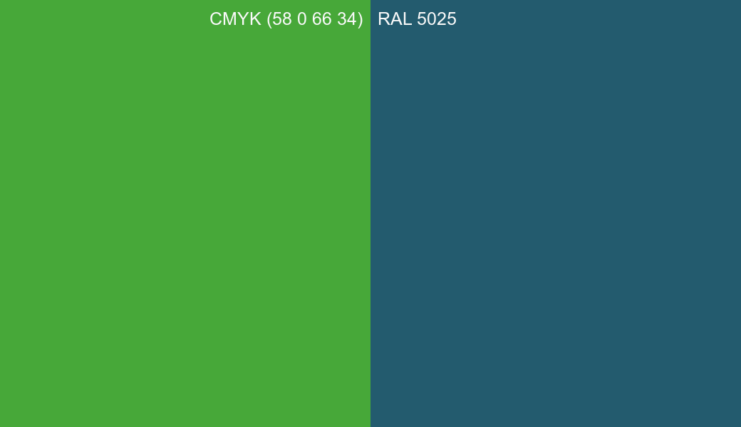 CMYK Color CMYK (58 0 66 34) vs RAL 5025 side by side comparison CMYK Color CMYK (58 0 66 34) vs RAL 5025 side by side comparison