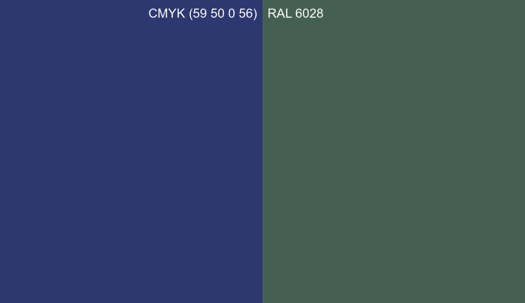 CMYK Color CMYK (59 50 0 56) vs RAL 6028 side by side comparison CMYK Color CMYK (59 50 0 56) vs RAL 6028 side by side comparison
