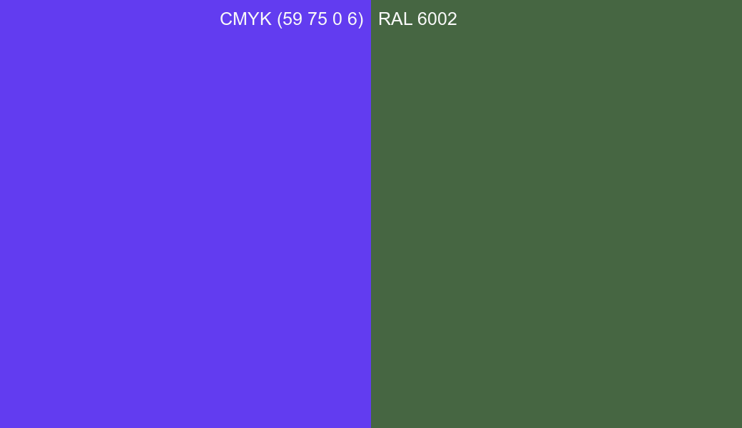 CMYK Color CMYK (59 75 0 6) vs RAL 6002 side by side comparison CMYK Color CMYK (59 75 0 6) vs RAL 6002 side by side comparison