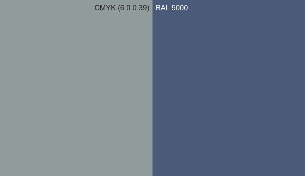 CMYK Color CMYK (6 0 0 39) vs RAL 5000 side by side comparison CMYK Color CMYK (6 0 0 39) vs RAL 5000 side by side comparison