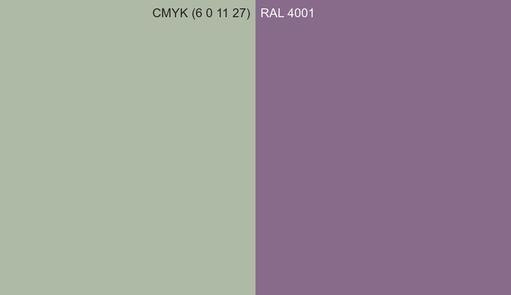 CMYK Color CMYK (6 0 11 27) vs RAL 4001 side by side comparison CMYK Color CMYK (6 0 11 27) vs RAL 4001 side by side comparison
