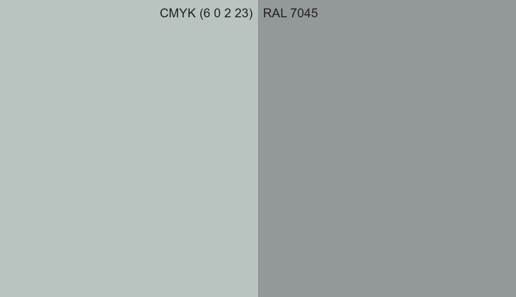 CMYK Color CMYK (6 0 2 23) vs RAL 7045 side by side comparison CMYK Color CMYK (6 0 2 23) vs RAL 7045 side by side comparison