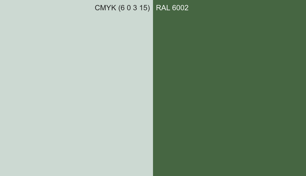 CMYK Color CMYK (6 0 3 15) vs RAL 6002 side by side comparison CMYK Color CMYK (6 0 3 15) vs RAL 6002 side by side comparison