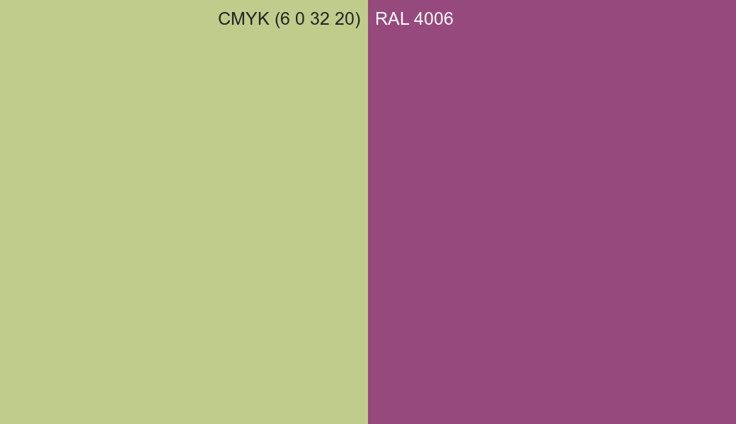 CMYK Color CMYK (6 0 32 20) vs RAL 4006 side by side comparison CMYK Color CMYK (6 0 32 20) vs RAL 4006 side by side comparison