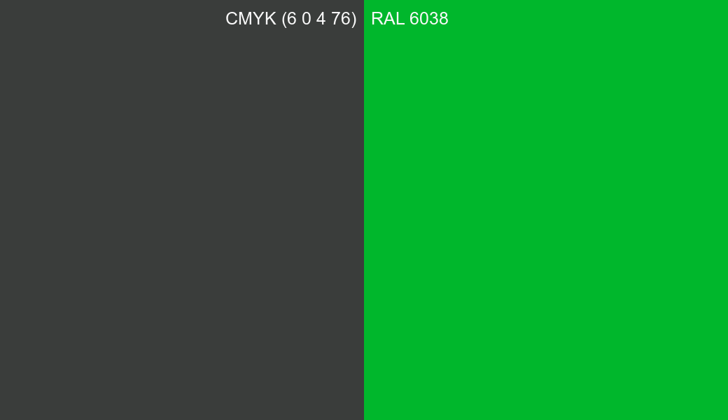 CMYK Color CMYK (6 0 4 76) vs RAL 6038 side by side comparison CMYK Color CMYK (6 0 4 76) vs RAL 6038 side by side comparison