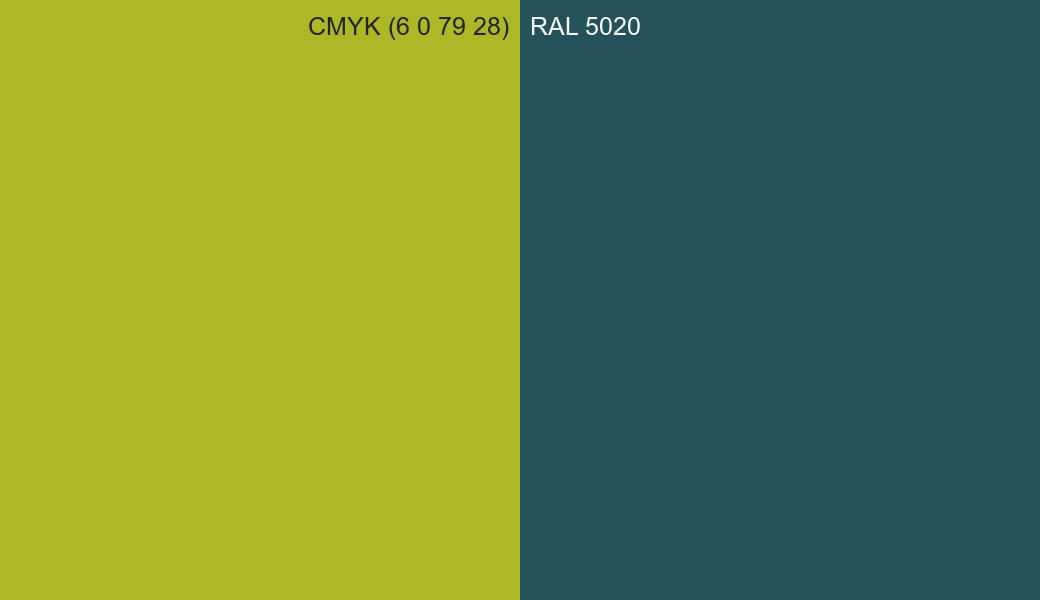 CMYK Color CMYK (6 0 79 28) vs RAL 5020 side by side comparison CMYK Color CMYK (6 0 79 28) vs RAL 5020 side by side comparison