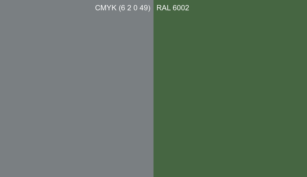 CMYK Color CMYK (6 2 0 49) vs RAL 6002 side by side comparison CMYK Color CMYK (6 2 0 49) vs RAL 6002 side by side comparison