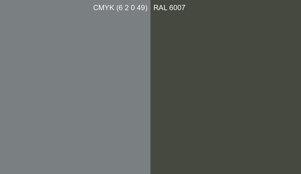 CMYK Color CMYK (6 2 0 49) vs RAL 6007 side by side comparison CMYK Color CMYK (6 2 0 49) vs RAL 6007 side by side comparison