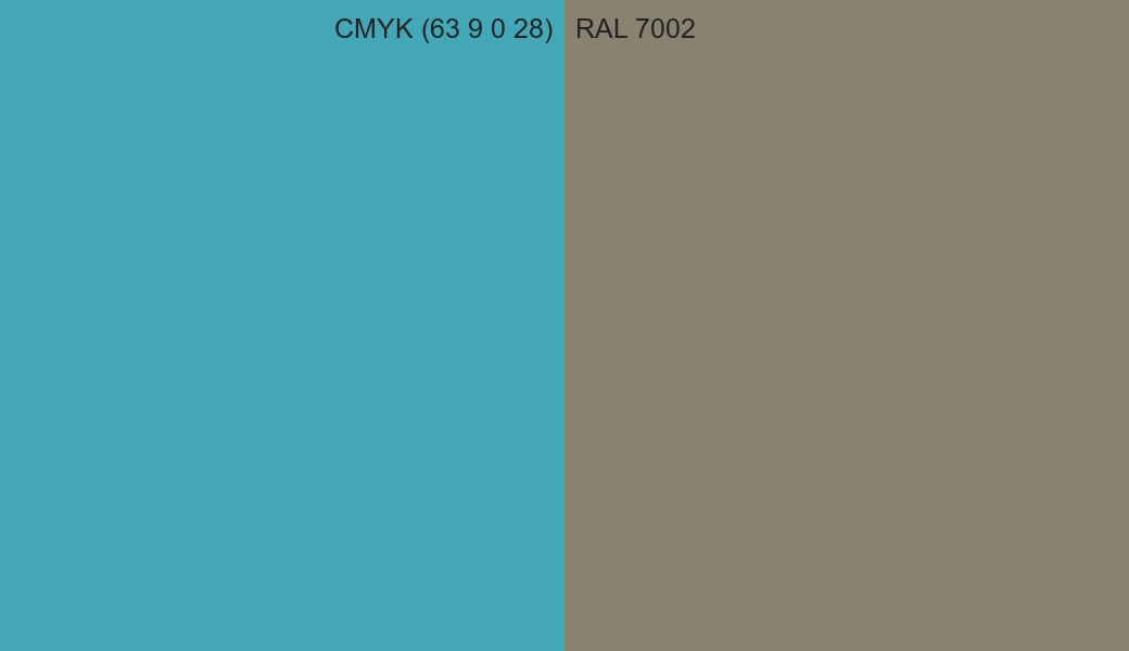 CMYK Color CMYK (63 9 0 28) vs RAL 7002 side by side comparison CMYK Color CMYK (63 9 0 28) vs RAL 7002 side by side comparison