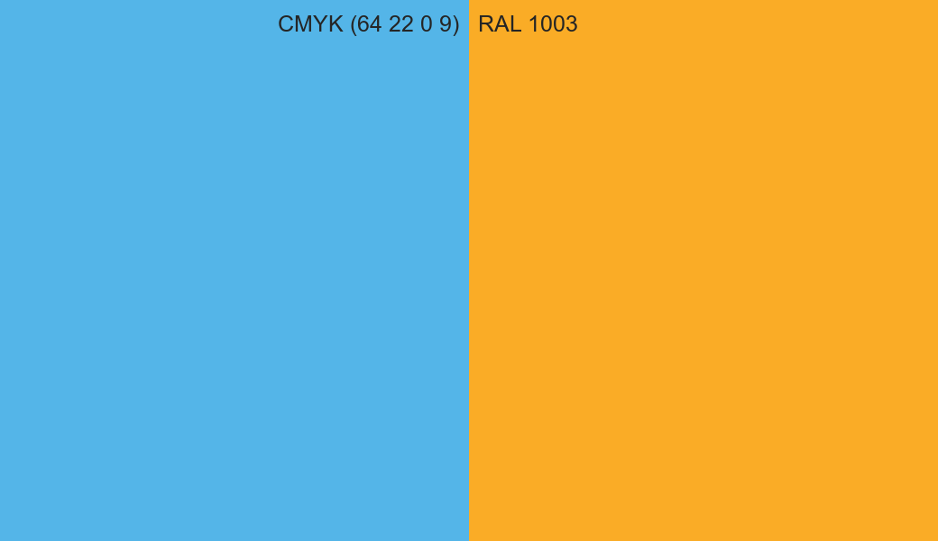 CMYK Color CMYK (64 22 0 9) vs RAL 1003 side by side comparison CMYK Color CMYK (64 22 0 9) vs RAL 1003 side by side comparison
