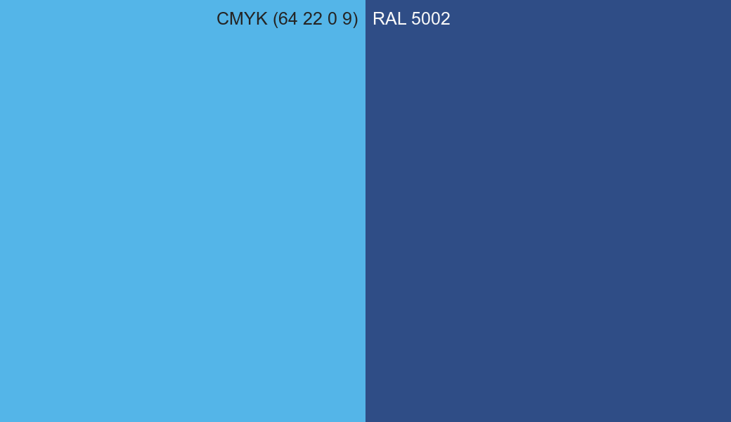 CMYK Color CMYK (64 22 0 9) vs RAL 5002 side by side comparison CMYK Color CMYK (64 22 0 9) vs RAL 5002 side by side comparison