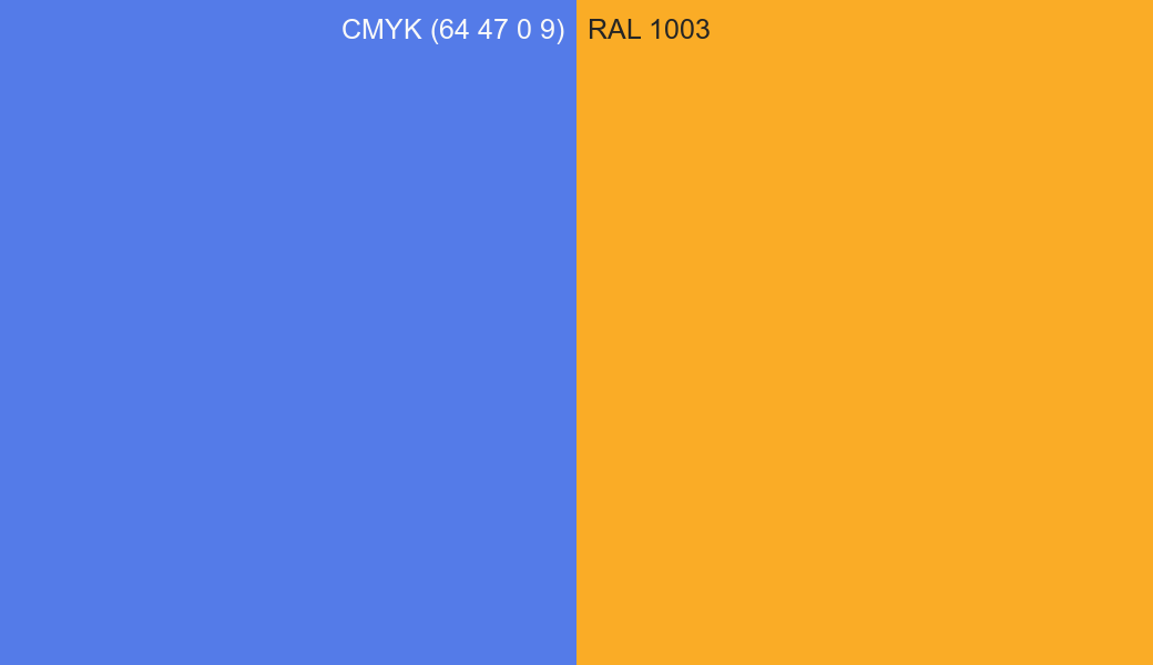 CMYK Color CMYK (64 47 0 9) vs RAL 1003 side by side comparison CMYK Color CMYK (64 47 0 9) vs RAL 1003 side by side comparison