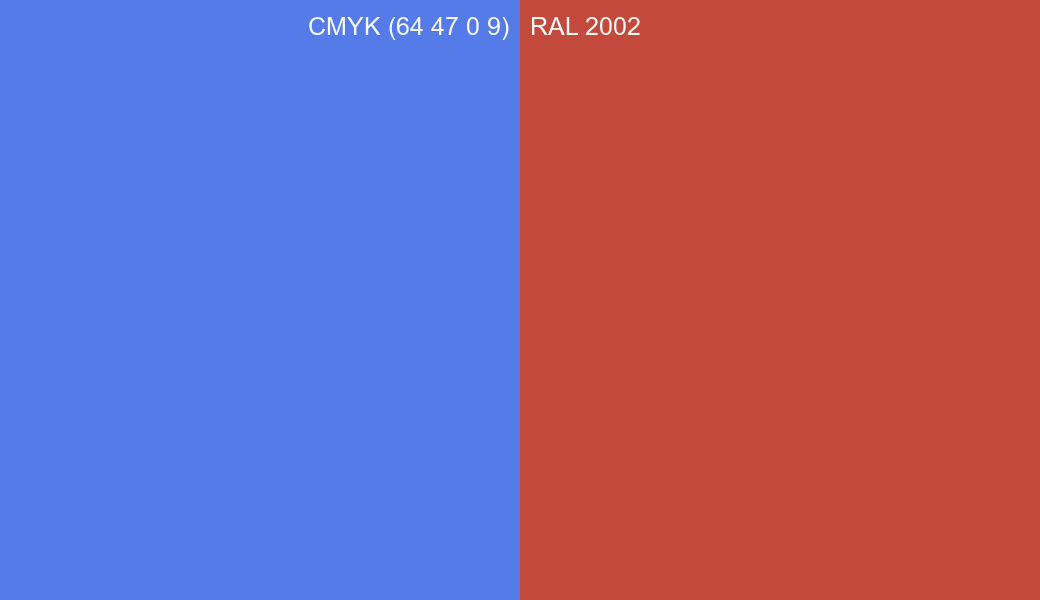 CMYK Color CMYK (64 47 0 9) vs RAL 2002 side by side comparison CMYK Color CMYK (64 47 0 9) vs RAL 2002 side by side comparison