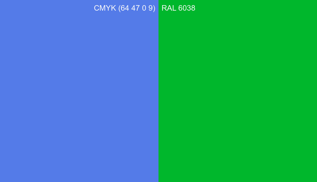 CMYK Color CMYK (64 47 0 9) vs RAL 6038 side by side comparison CMYK Color CMYK (64 47 0 9) vs RAL 6038 side by side comparison