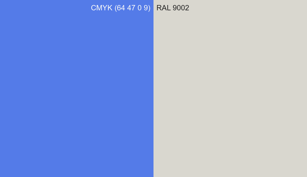 CMYK Color CMYK (64 47 0 9) vs RAL 9002 side by side comparison CMYK Color CMYK (64 47 0 9) vs RAL 9002 side by side comparison