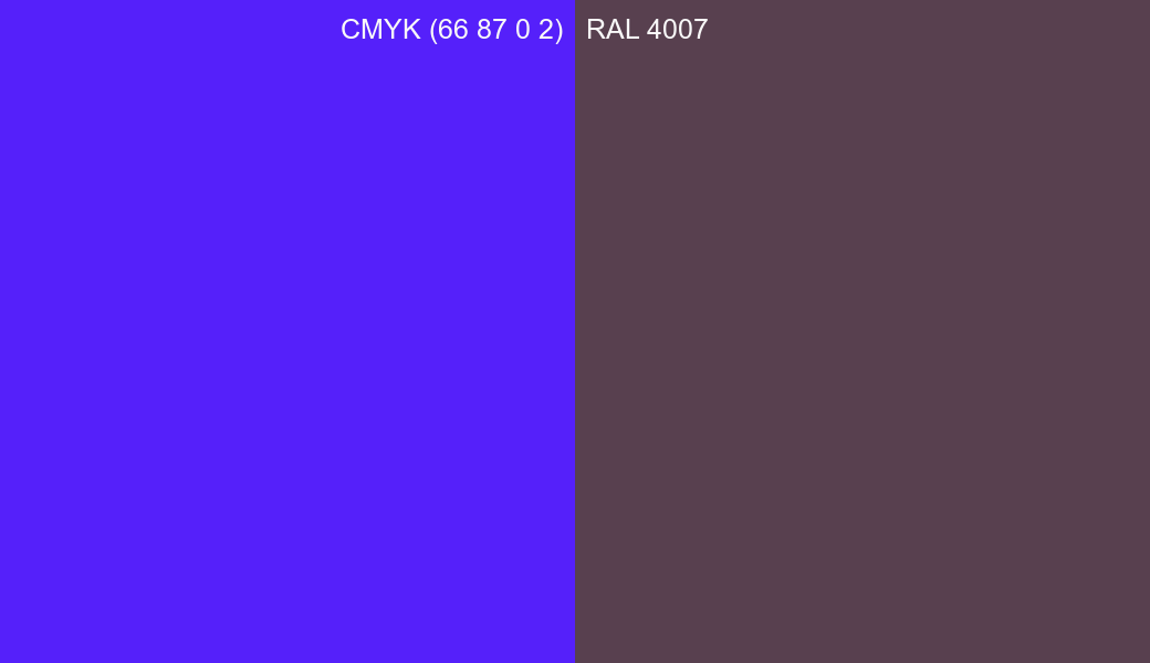 CMYK Color CMYK (66 87 0 2) vs RAL 4007 side by side comparison CMYK Color CMYK (66 87 0 2) vs RAL 4007 side by side comparison