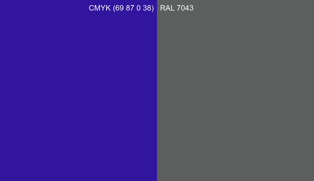 CMYK Color CMYK (69 87 0 38) vs RAL 7043 side by side comparison CMYK Color CMYK (69 87 0 38) vs RAL 7043 side by side comparison